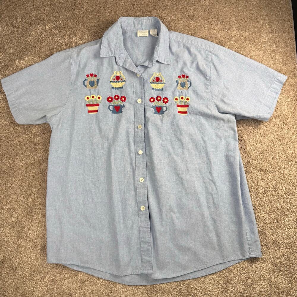 Mystic Blues Size 20W Blue Chambray Button Up Shirt Floral Teapot Embroidery